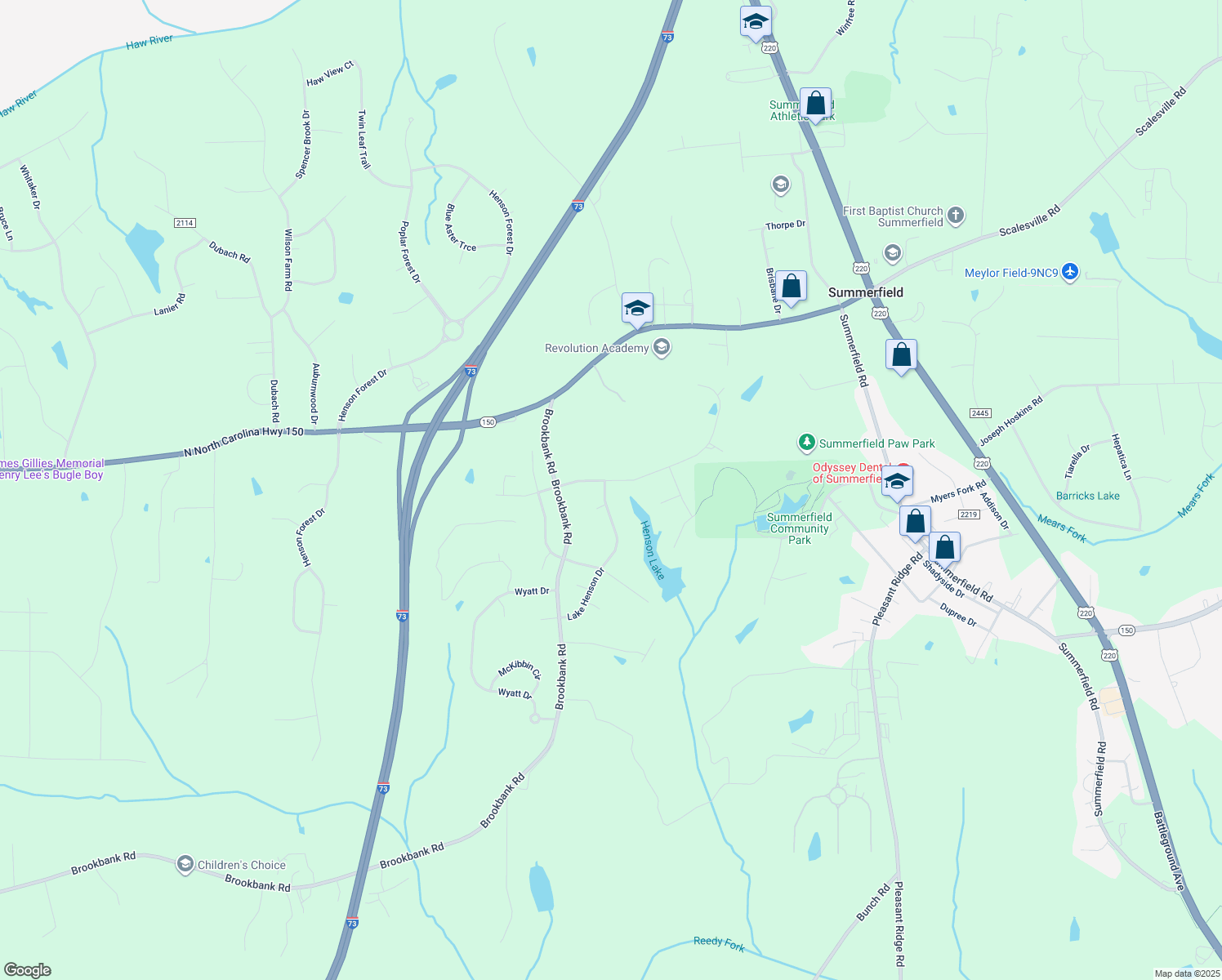map of restaurants, bars, coffee shops, grocery stores, and more near 7110 Lake Henson Drive in Summerfield