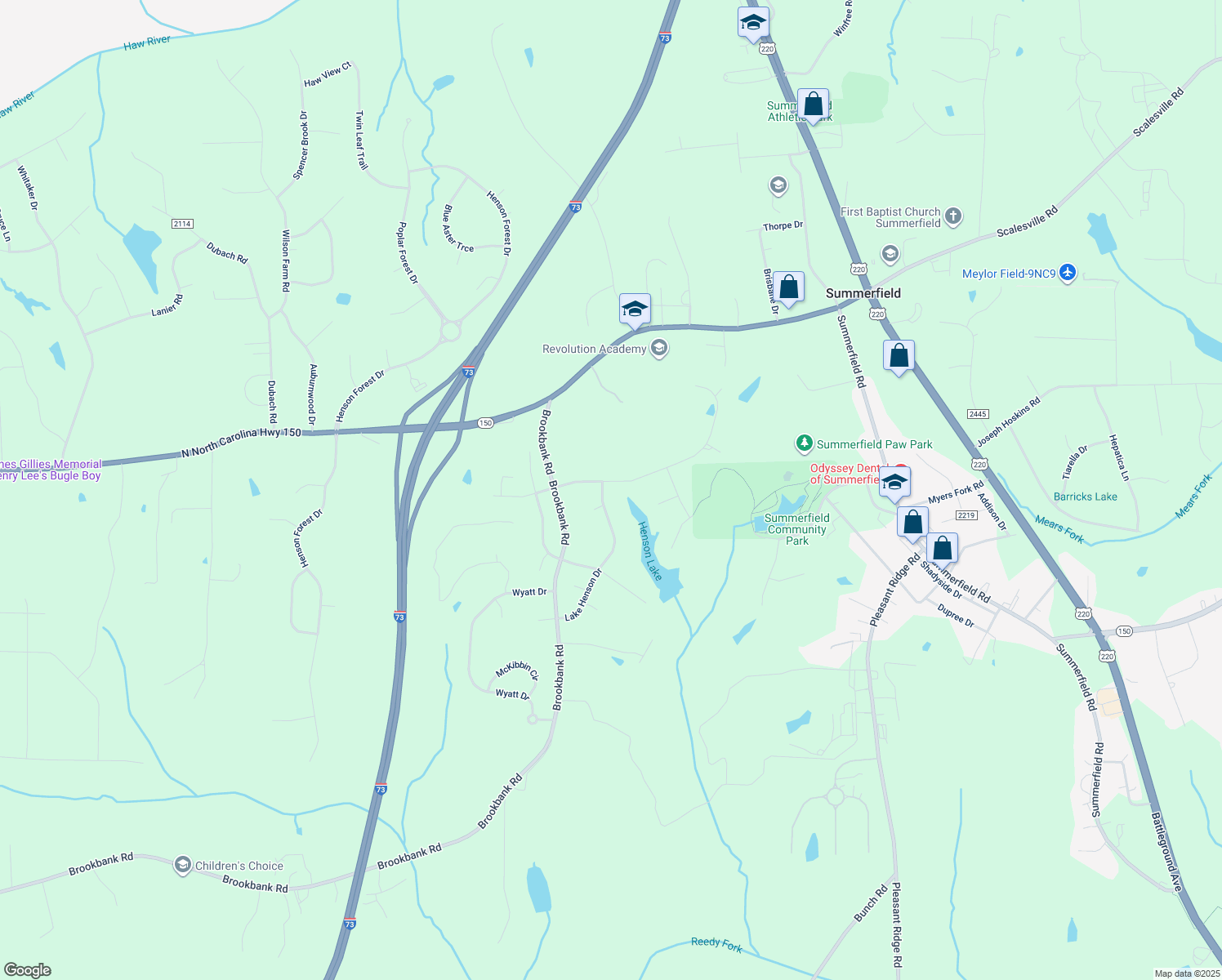 map of restaurants, bars, coffee shops, grocery stores, and more near 7110 Lake Henson Drive in Summerfield