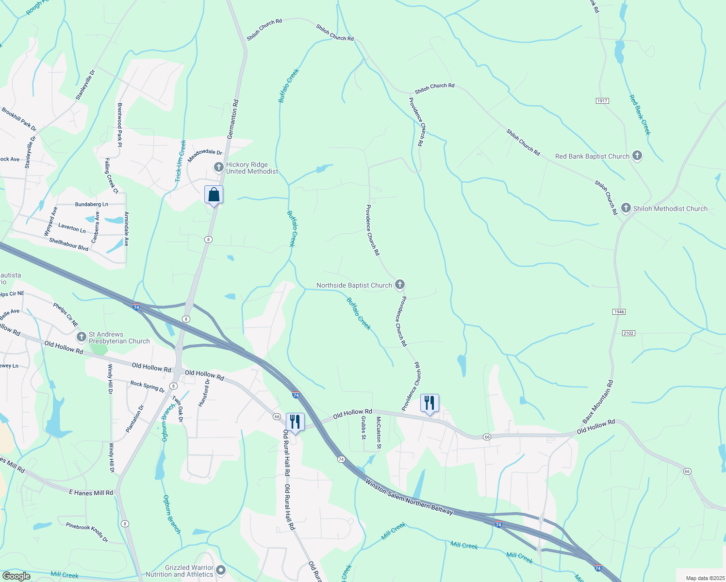 map of restaurants, bars, coffee shops, grocery stores, and more near Reubens Ridge Drive in Winston-Salem