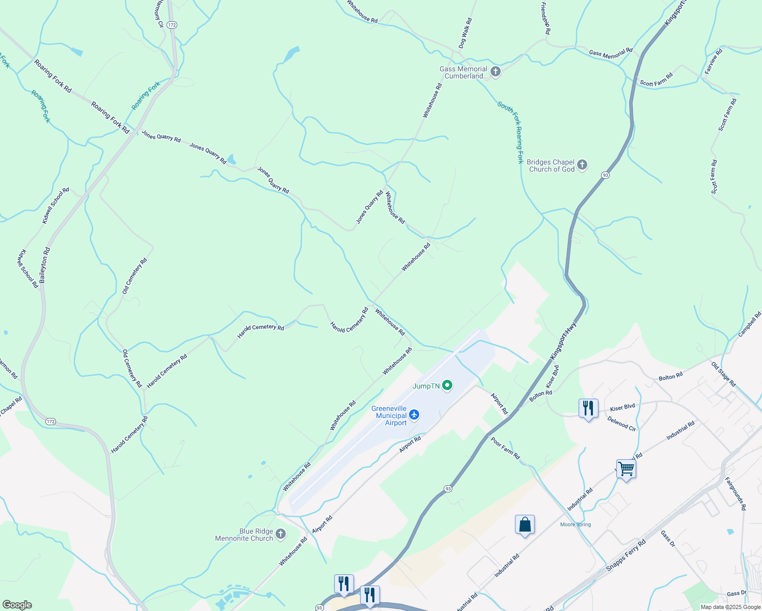 map of restaurants, bars, coffee shops, grocery stores, and more near 2230 Whitehouse Road in Greeneville