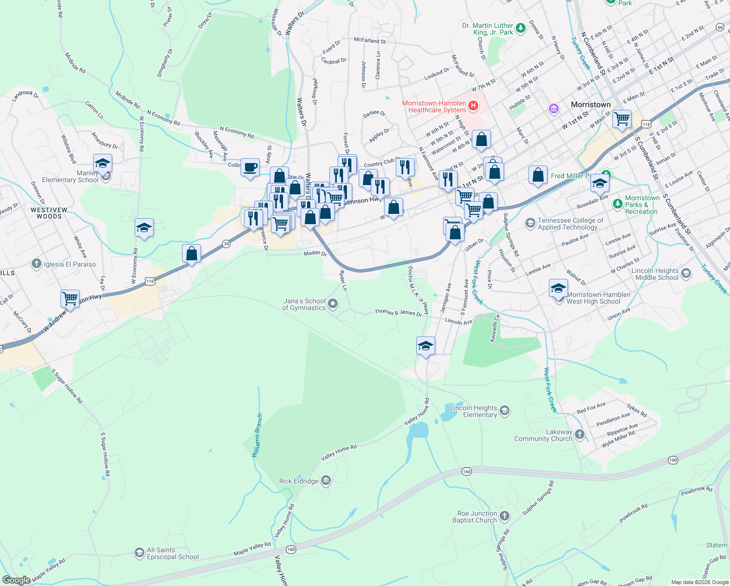 map of restaurants, bars, coffee shops, grocery stores, and more near 415 Ryder Lane in Morristown