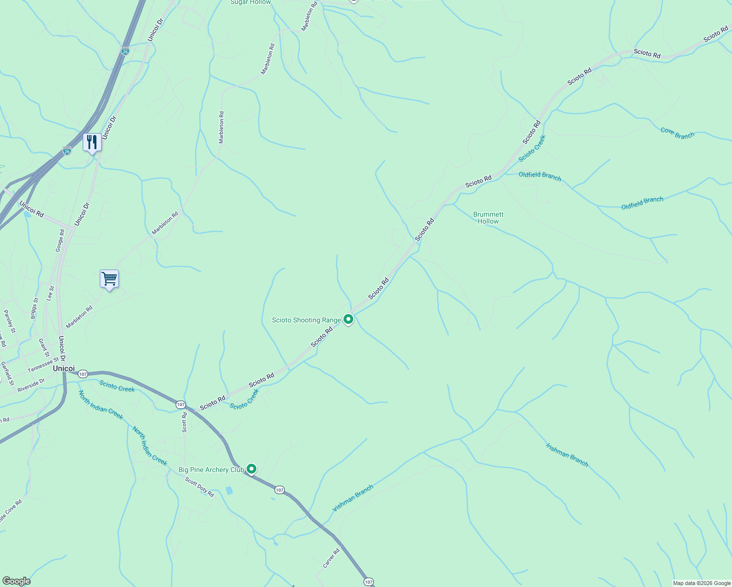 map of restaurants, bars, coffee shops, grocery stores, and more near 523 Scioto Road in Unicoi