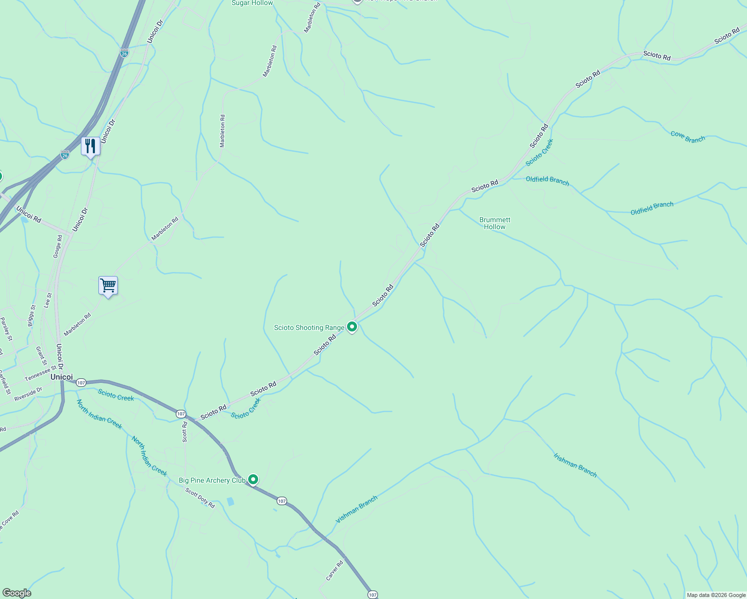 map of restaurants, bars, coffee shops, grocery stores, and more near 523 Scioto Road in Unicoi