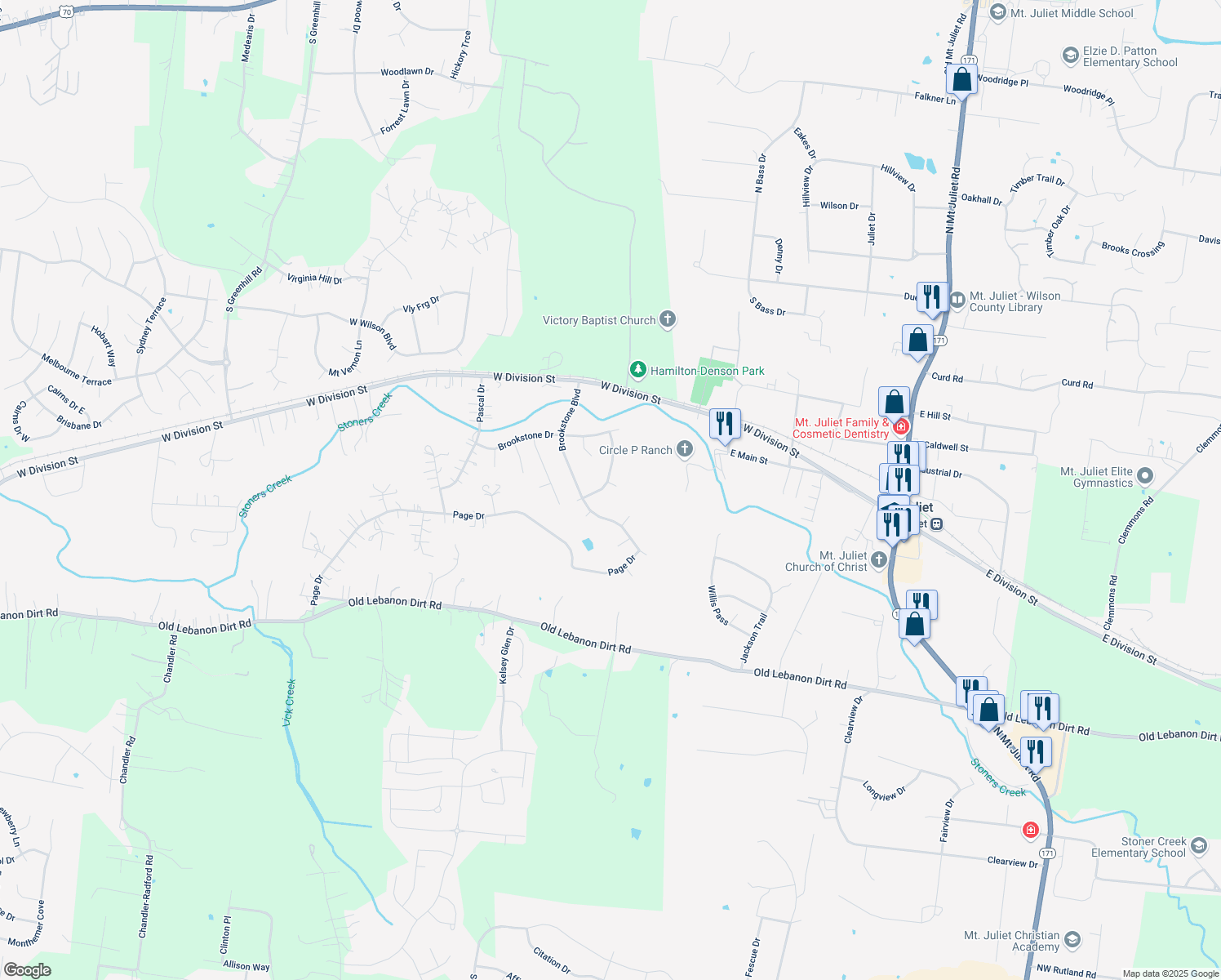 map of restaurants, bars, coffee shops, grocery stores, and more near 1804 Brookvalley Place in Mt. Juliet