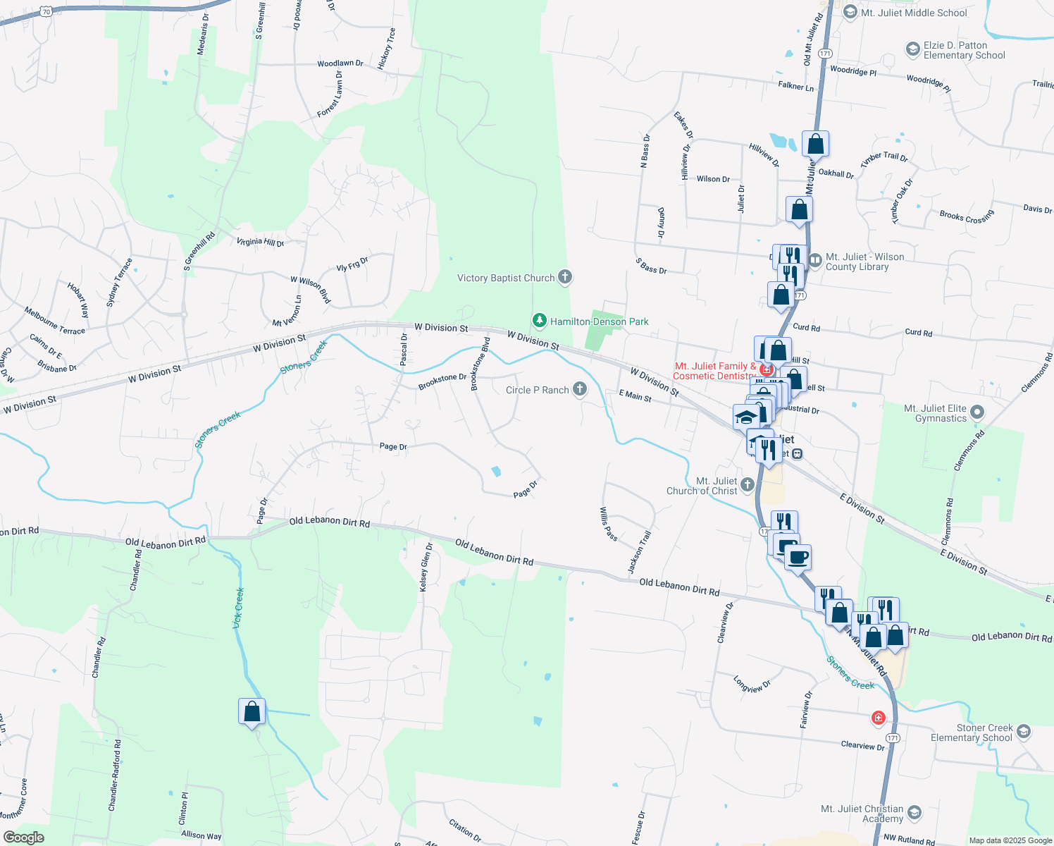 map of restaurants, bars, coffee shops, grocery stores, and more near 1804 Brookvalley Place in Mount Juliet