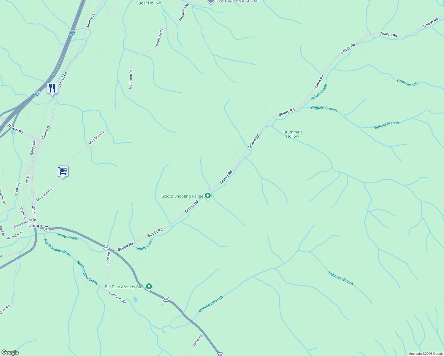 map of restaurants, bars, coffee shops, grocery stores, and more near 523 Scioto Rd in Unicoi