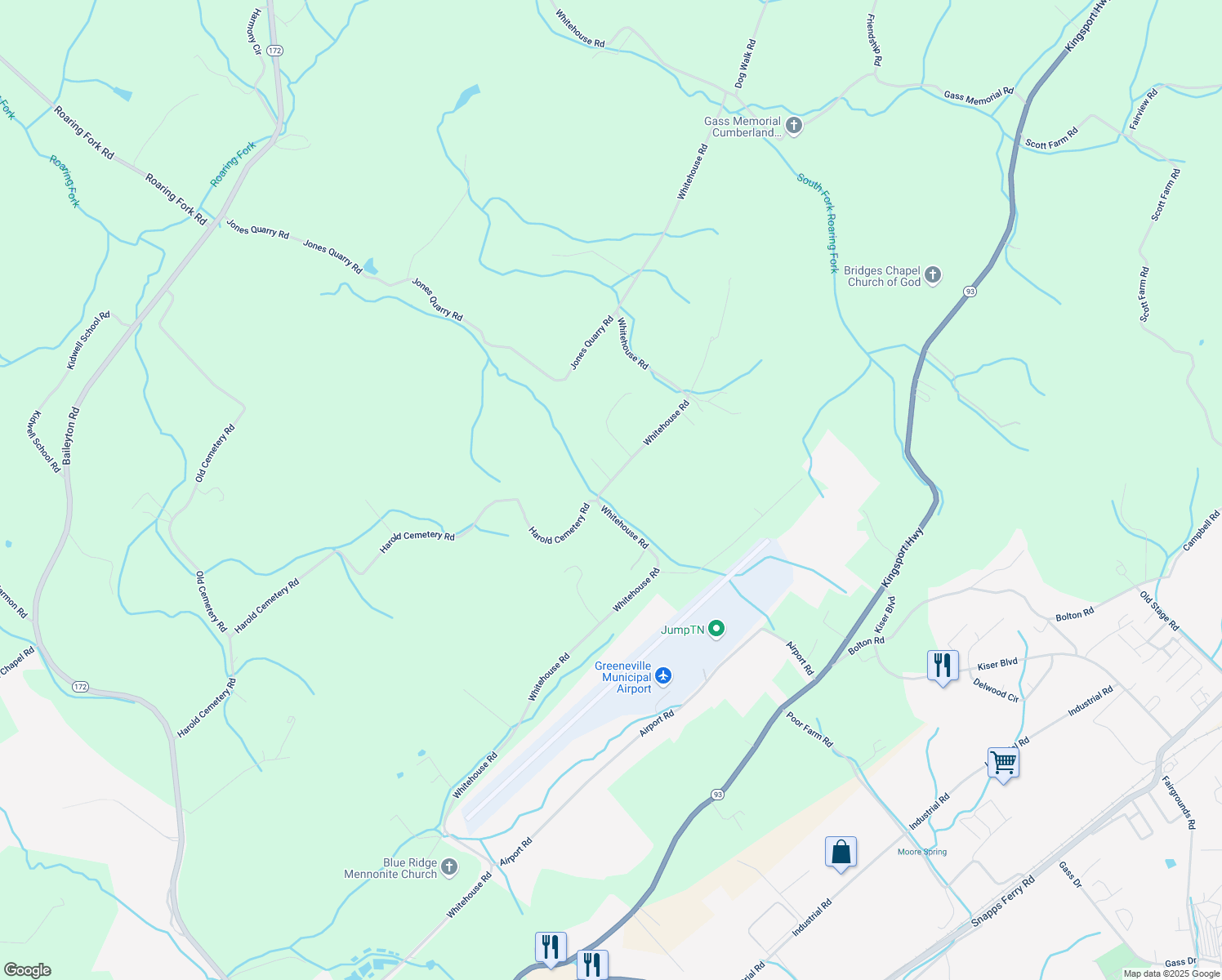 map of restaurants, bars, coffee shops, grocery stores, and more near 2230 Whitehouse Road in Greeneville