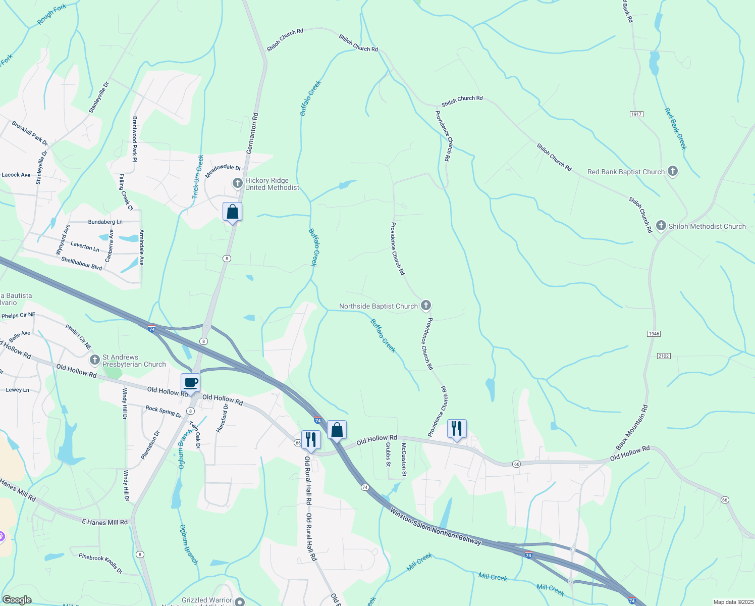 map of restaurants, bars, coffee shops, grocery stores, and more near Reubens Ridge Drive in Winston-Salem