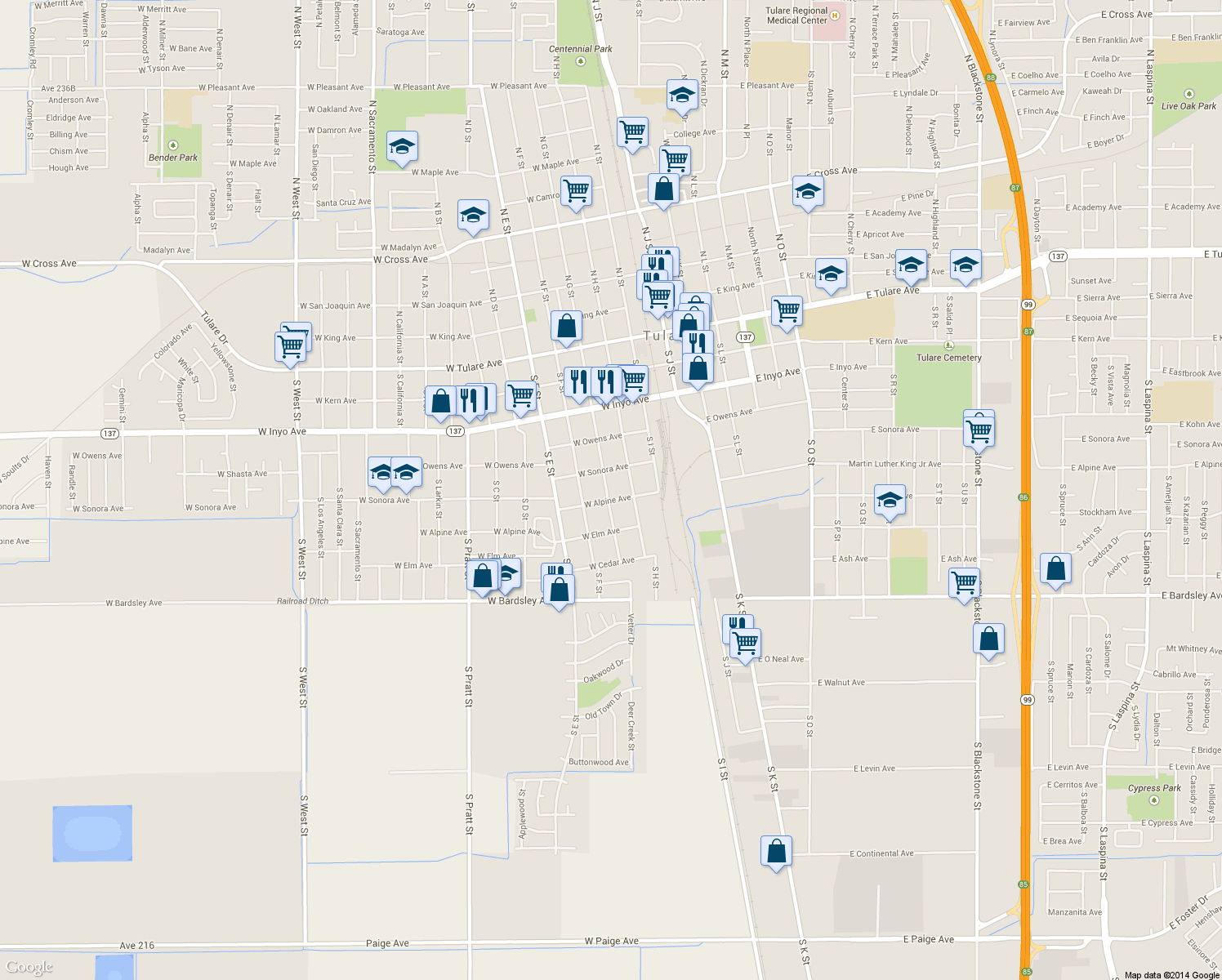 map of restaurants, bars, coffee shops, grocery stores, and more near 544 S G St in Tulare