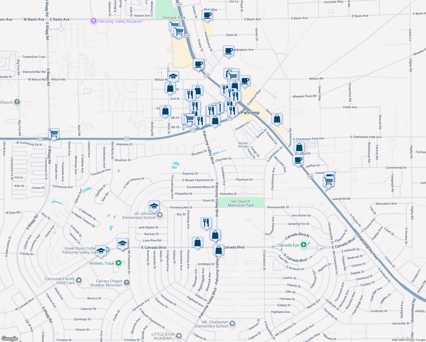 map of restaurants, bars, coffee shops, grocery stores, and more near 1250 Pahrump Valley Boulevard in Pahrump