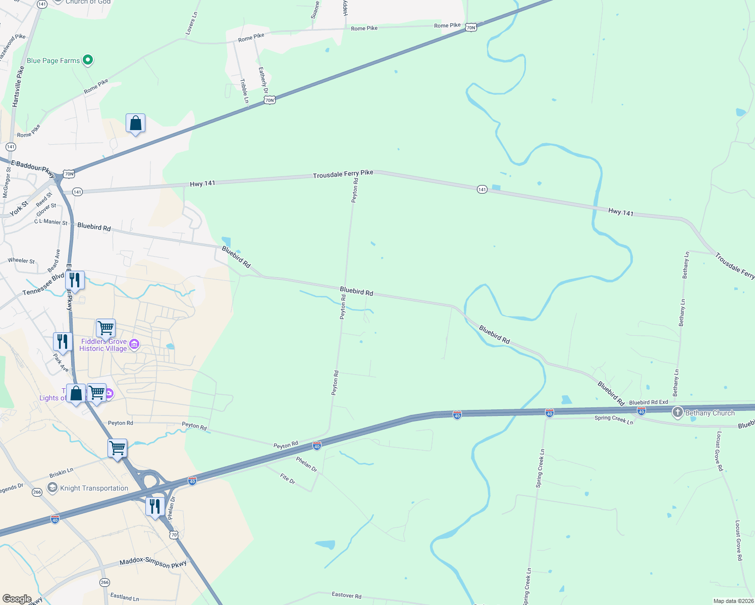 map of restaurants, bars, coffee shops, grocery stores, and more near 2296 Bluebird Road in Lebanon