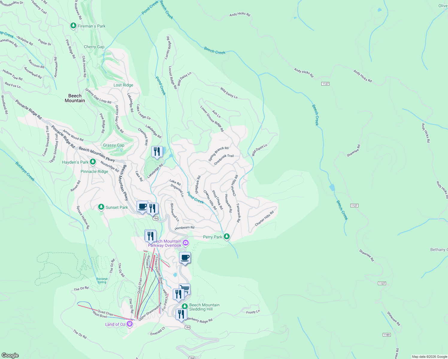 map of restaurants, bars, coffee shops, grocery stores, and more near 154 Pond Creek Road in Beech Mountain
