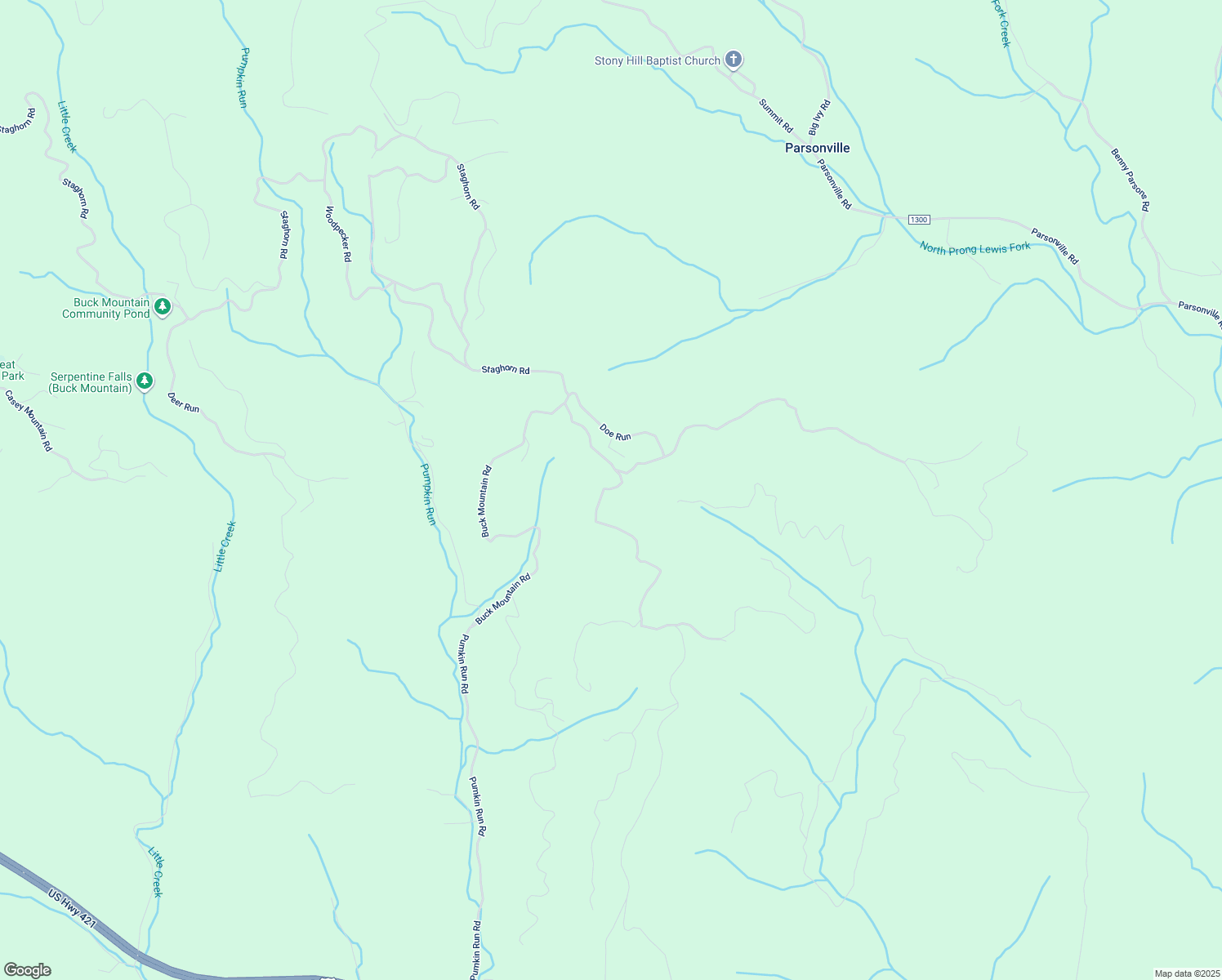 map of restaurants, bars, coffee shops, grocery stores, and more near 1447 Buck Mountain Road in Purlear
