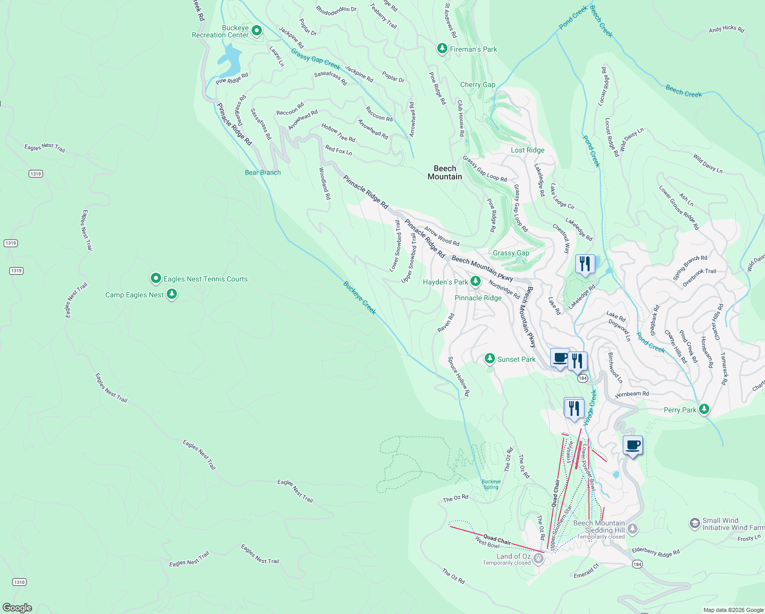map of restaurants, bars, coffee shops, grocery stores, and more near 100 Wintercrest Lane in Beech Mountain