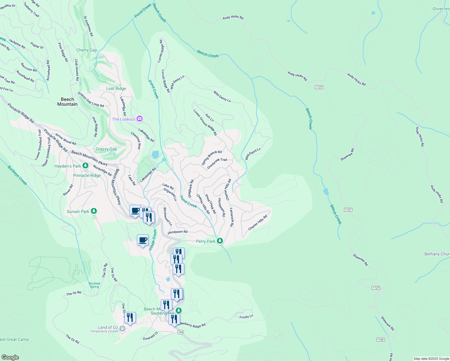 map of restaurants, bars, coffee shops, grocery stores, and more near 157 Pond Creek Road in Beech Mountain