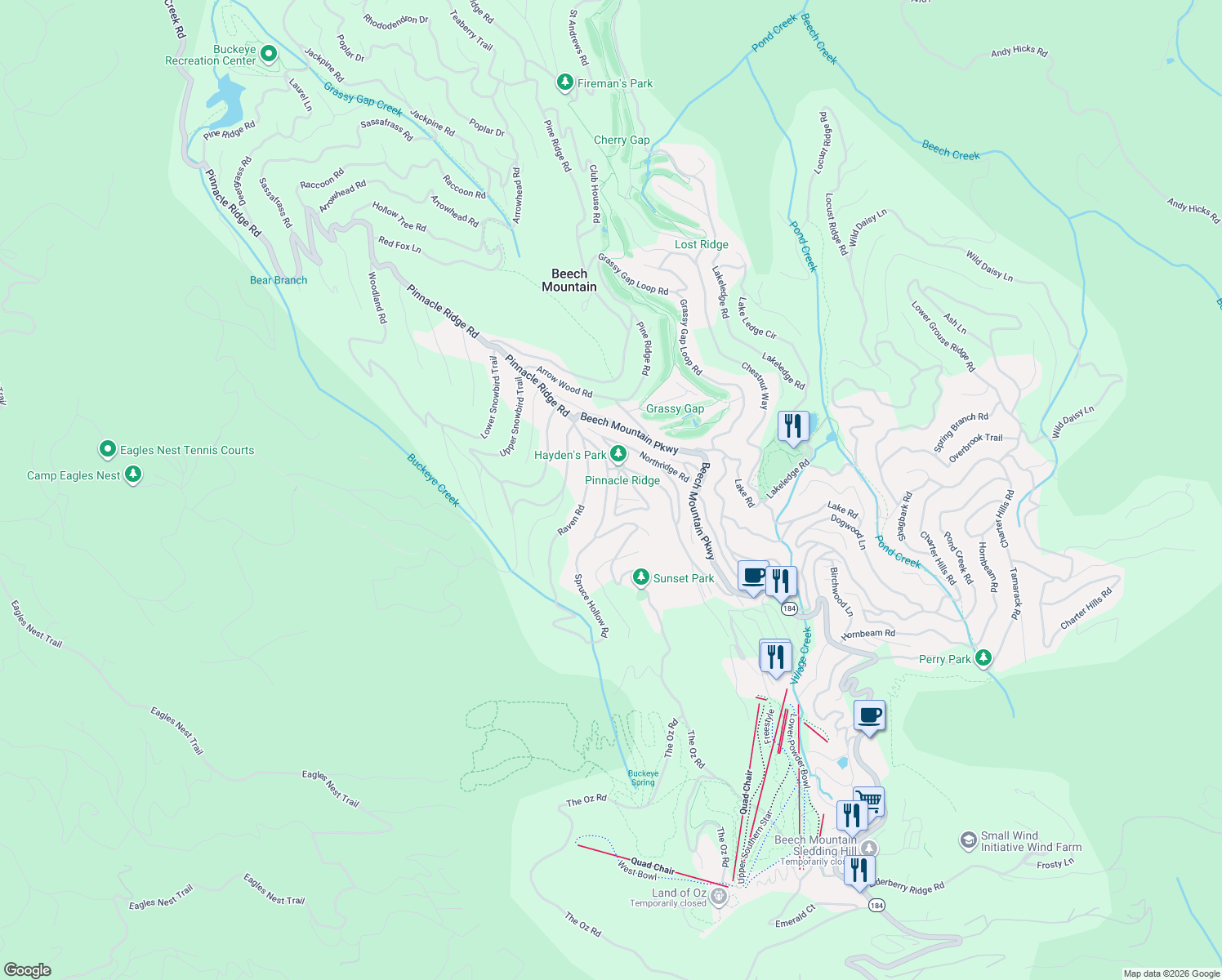 map of restaurants, bars, coffee shops, grocery stores, and more near 145 Village Road in Beech Mountain