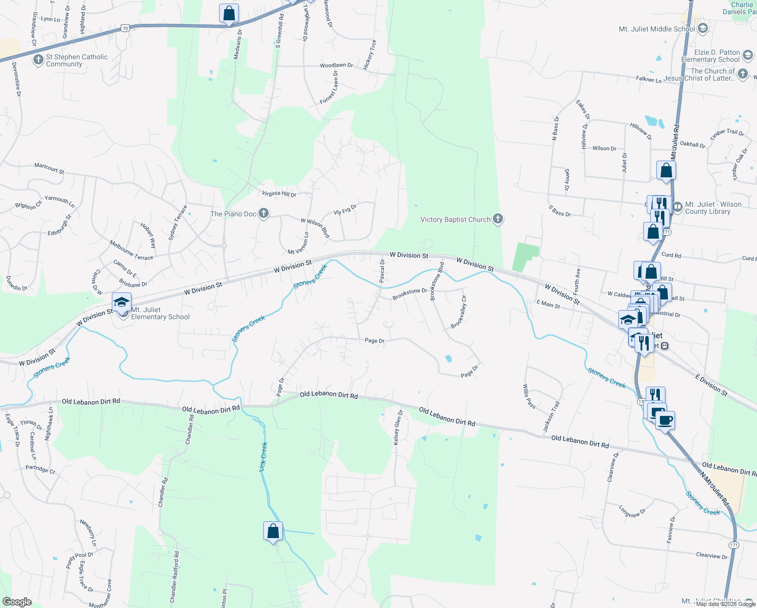 map of restaurants, bars, coffee shops, grocery stores, and more near 111 Pascal Drive in Mt. Juliet
