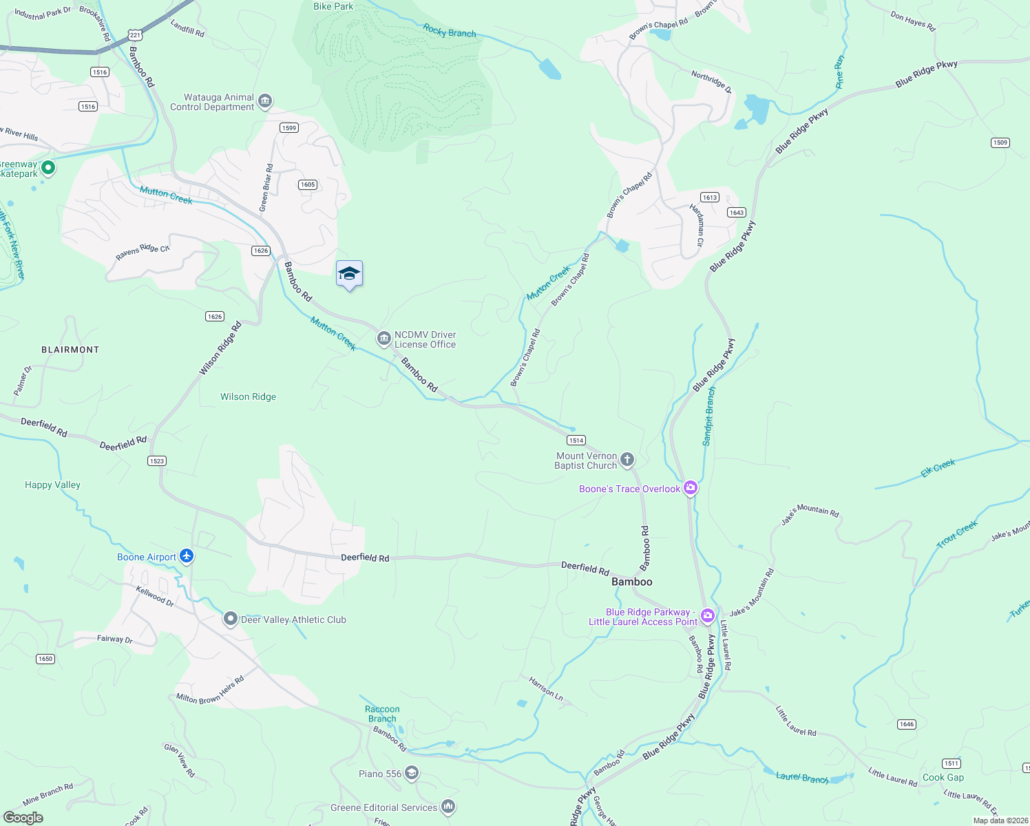 map of restaurants, bars, coffee shops, grocery stores, and more near 3956 Bamboo Road in Boone