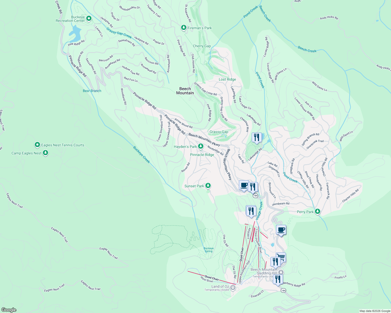 map of restaurants, bars, coffee shops, grocery stores, and more near 109 Raven Road in Beech Mountain