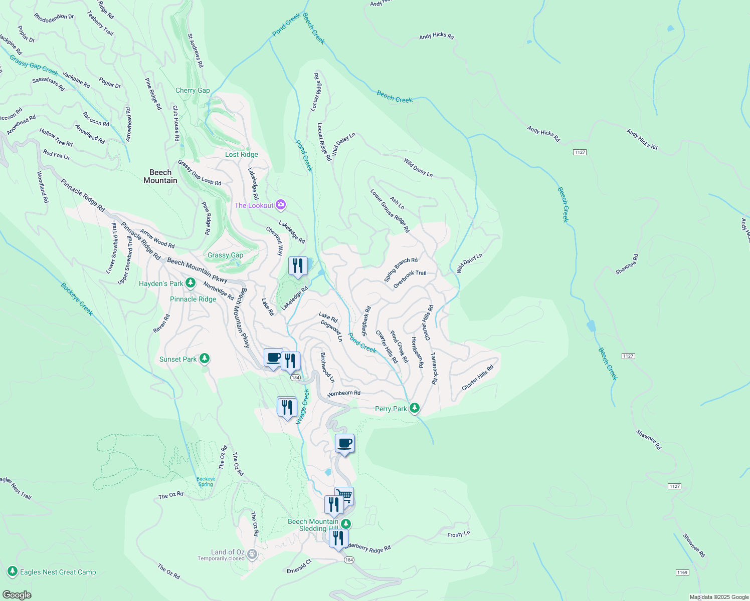map of restaurants, bars, coffee shops, grocery stores, and more near 205 Shagbark Road in Beech Mountain