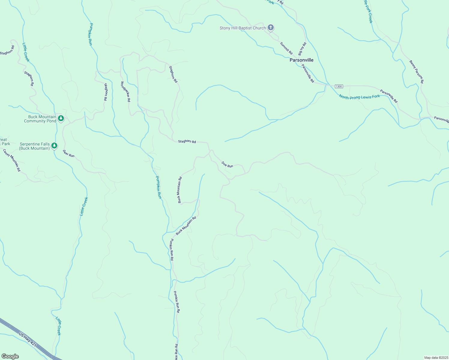 map of restaurants, bars, coffee shops, grocery stores, and more near 1447 Buck Mountain Road in Purlear