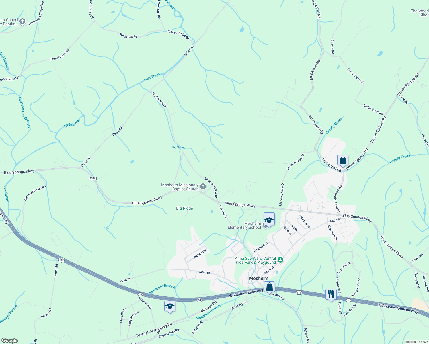 map of restaurants, bars, coffee shops, grocery stores, and more near 218 Mountain View Drive in Mosheim