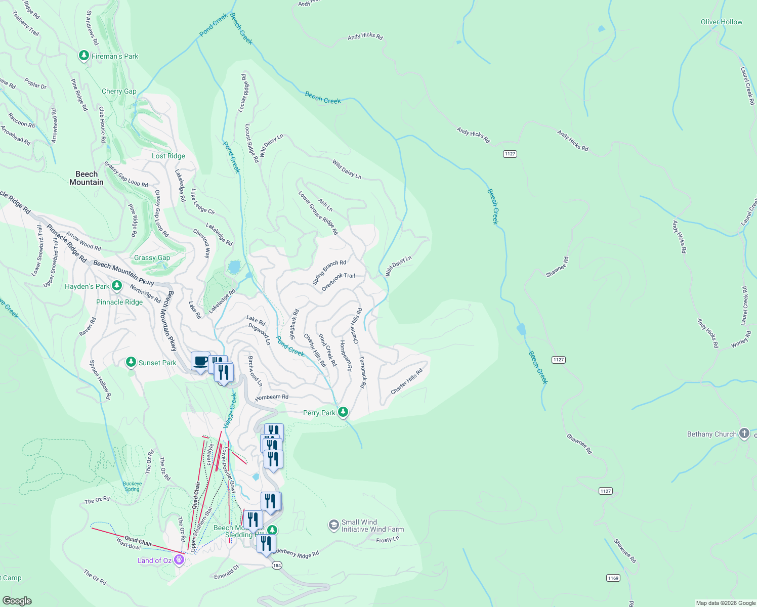 map of restaurants, bars, coffee shops, grocery stores, and more near 111 Staghorn Hollow in Beech Mountain