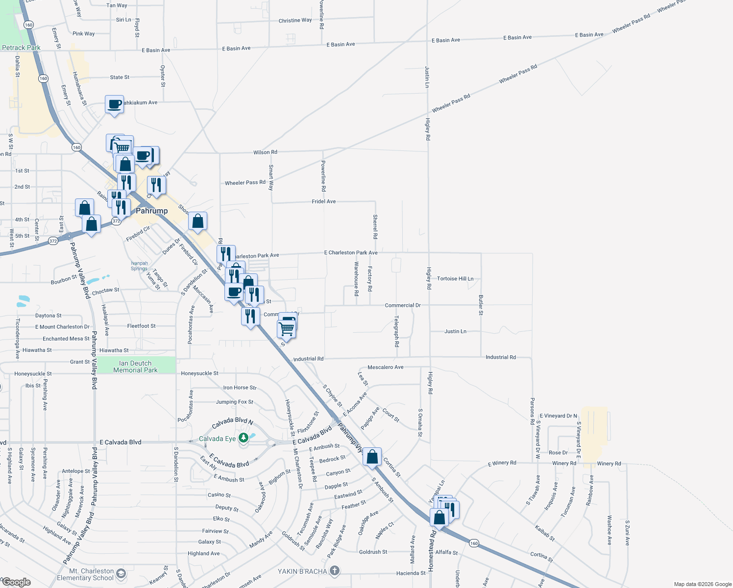 map of restaurants, bars, coffee shops, grocery stores, and more near 1190 Factory Rd in Pahrump