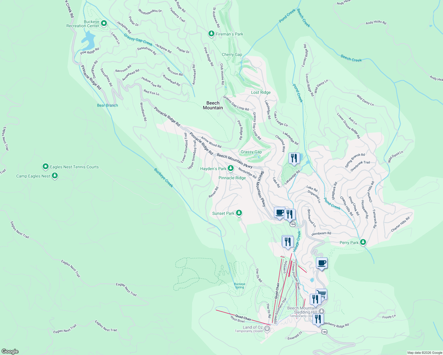 map of restaurants, bars, coffee shops, grocery stores, and more near 109 Raven Road in Beech Mountain