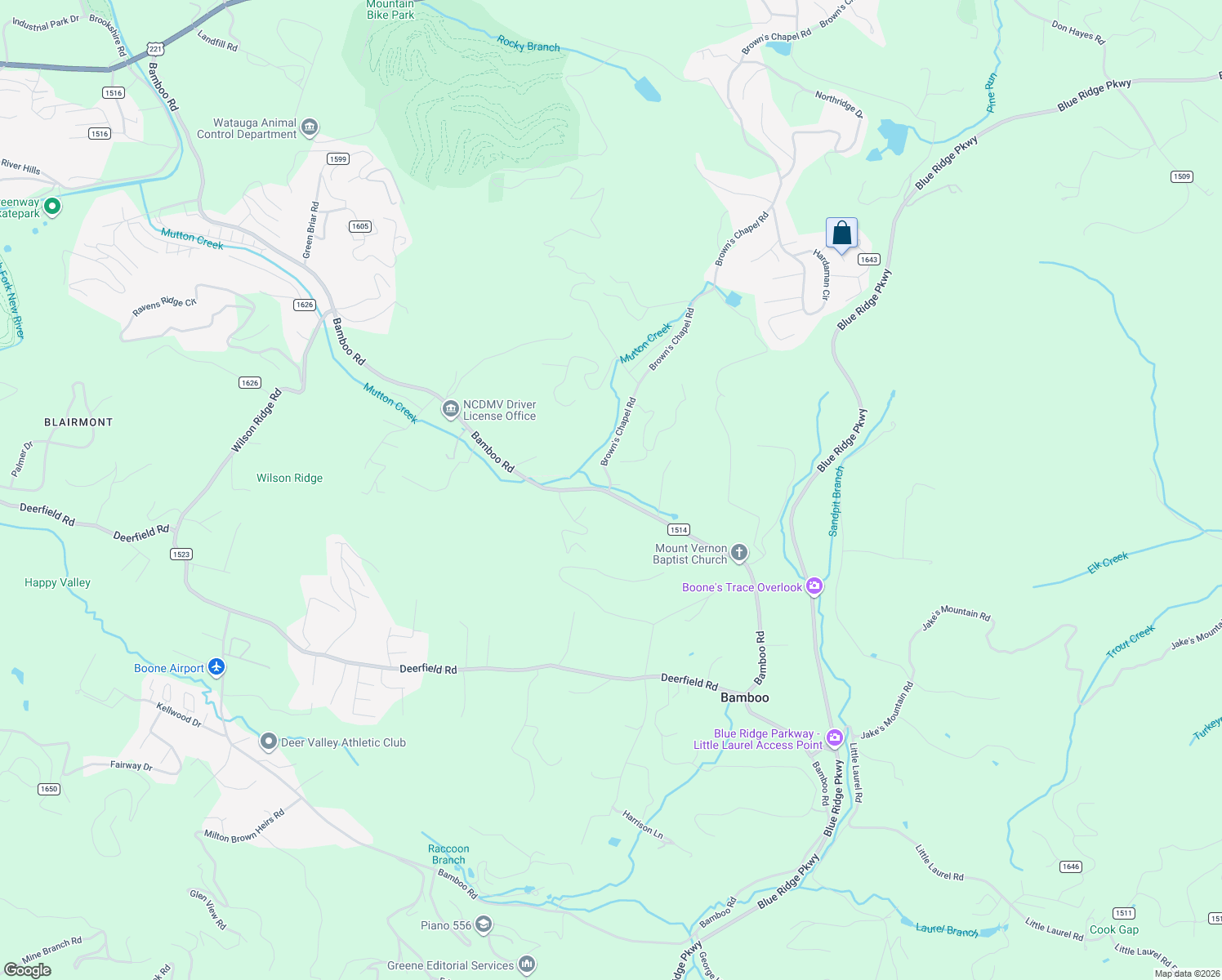 map of restaurants, bars, coffee shops, grocery stores, and more near 3956 Bamboo Road in Boone