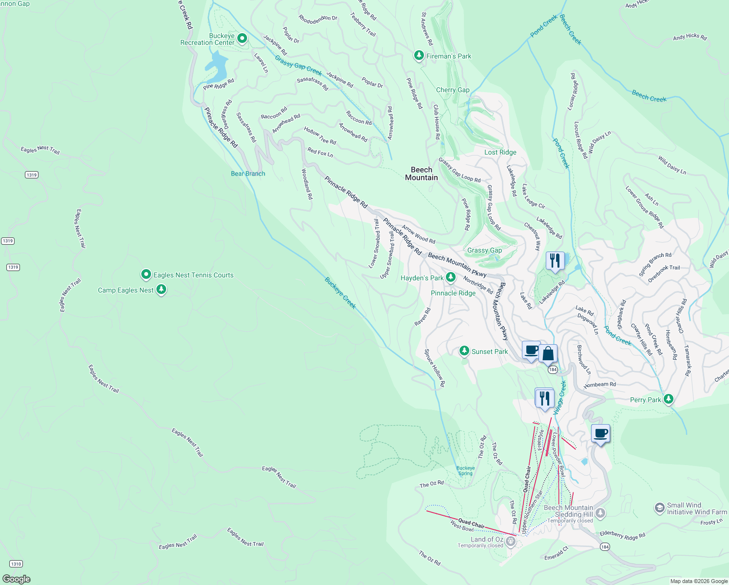map of restaurants, bars, coffee shops, grocery stores, and more near 100 Wintercrest Lane in Beech Mountain