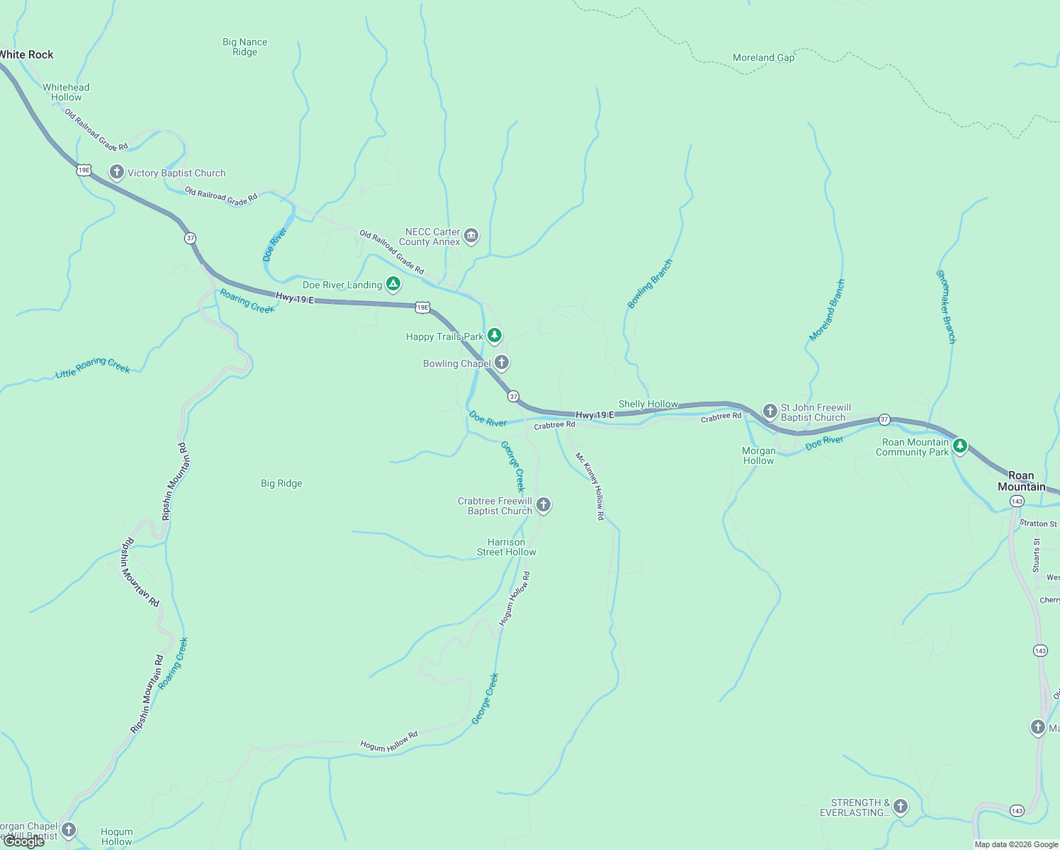 map of restaurants, bars, coffee shops, grocery stores, and more near 250 Crabtree Rd in Roan Mountain