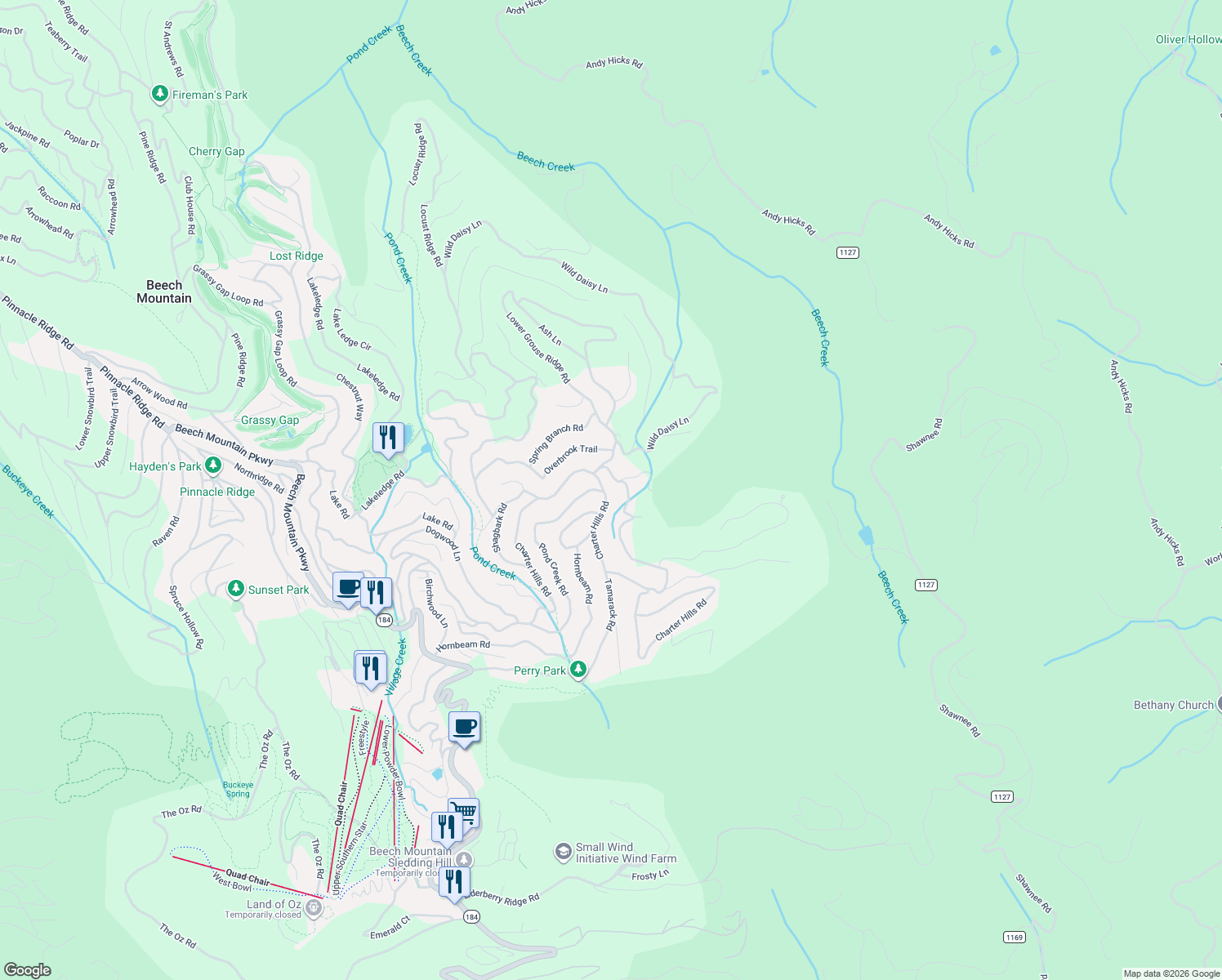 map of restaurants, bars, coffee shops, grocery stores, and more near 607 Charter Hills Road in Beech Mountain