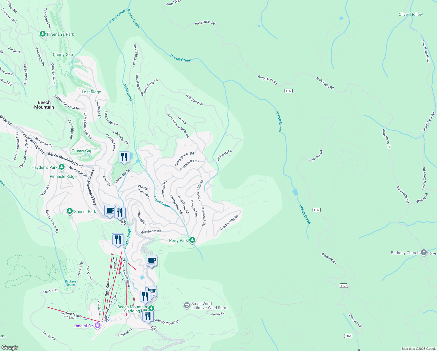 map of restaurants, bars, coffee shops, grocery stores, and more near 111 Staghorn Hollow in Beech Mountain