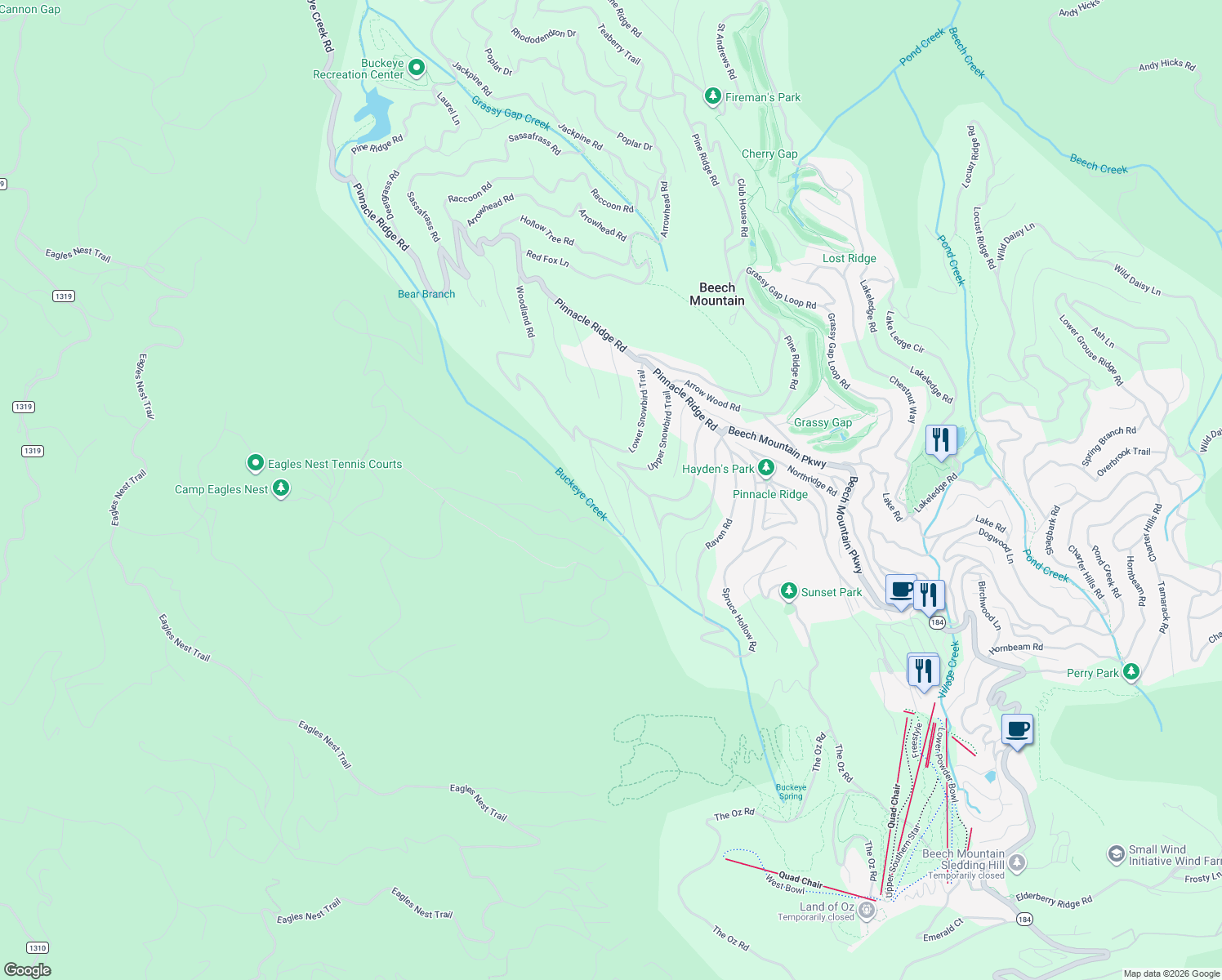 map of restaurants, bars, coffee shops, grocery stores, and more near 100 Wintercrest Lane in Beech Mountain