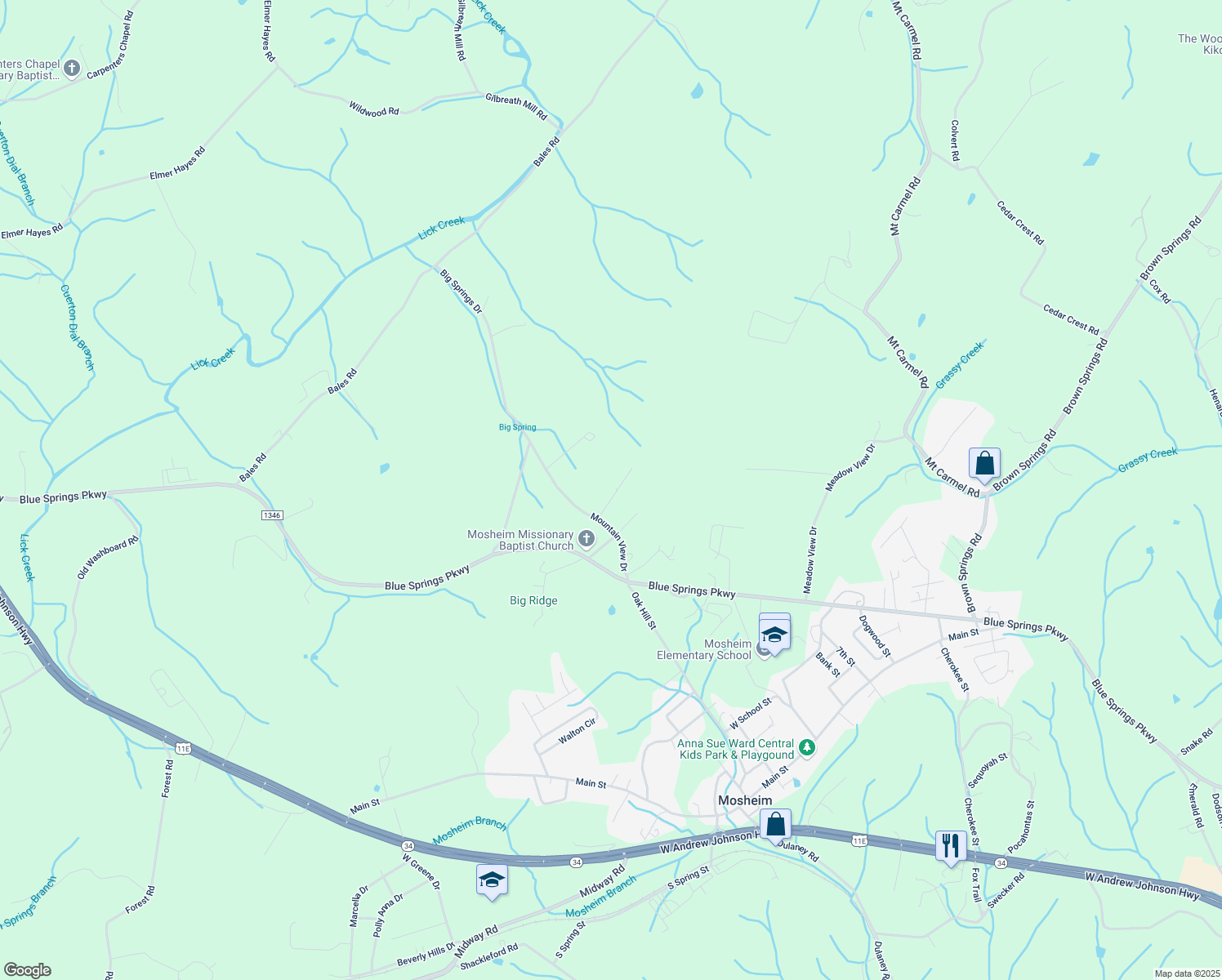map of restaurants, bars, coffee shops, grocery stores, and more near 218 Mountain View Drive in Mosheim
