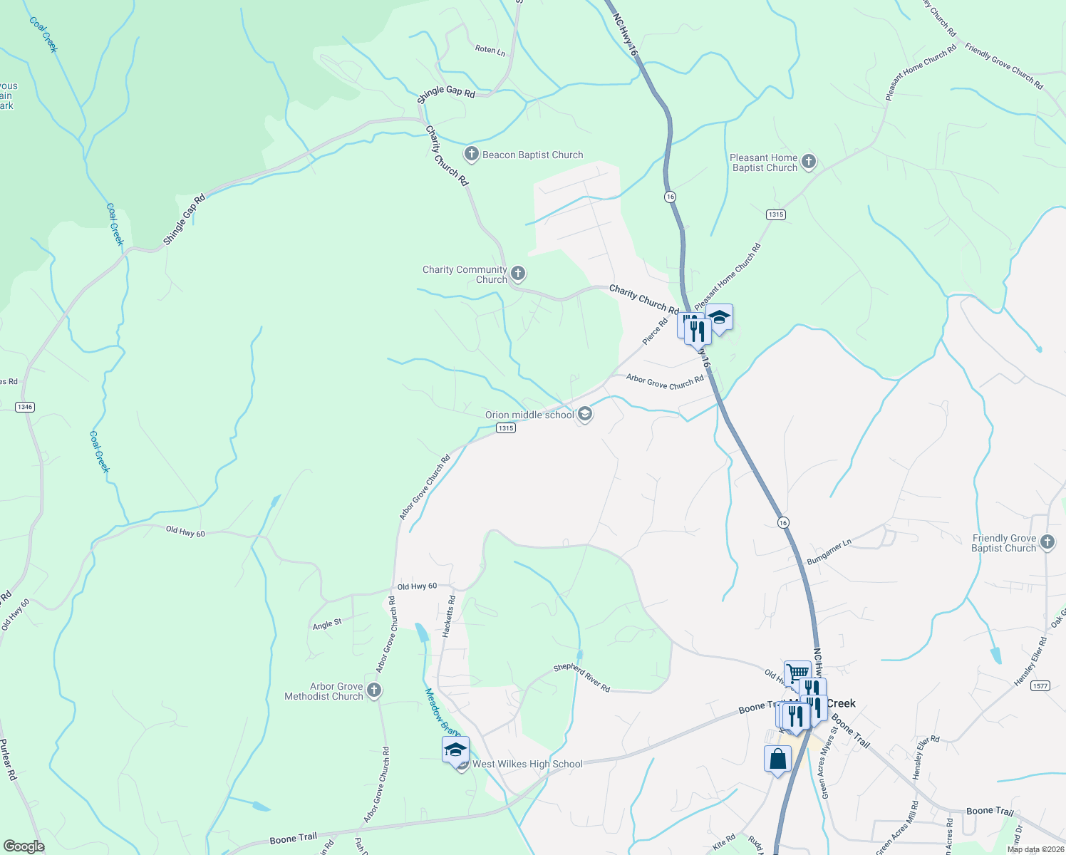 map of restaurants, bars, coffee shops, grocery stores, and more near 753 Arbor Grove Church Road in Millers Creek