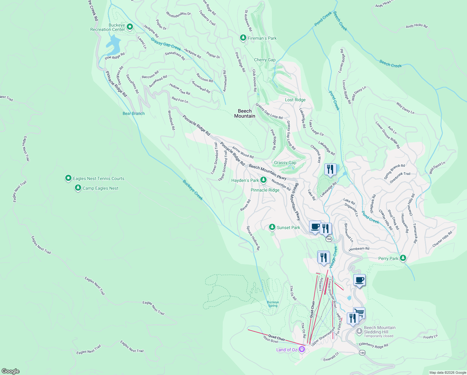 map of restaurants, bars, coffee shops, grocery stores, and more near 124 Wintergreen Way Road in Beech Mountain