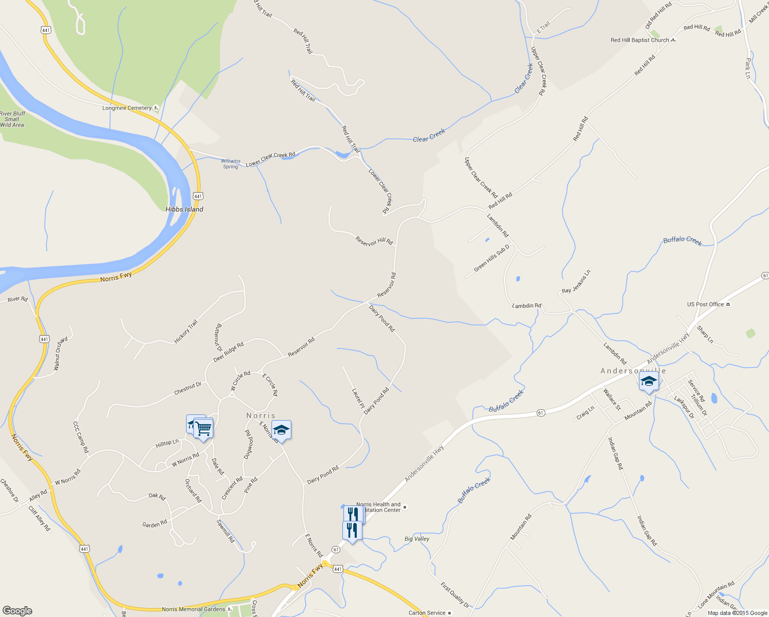 map of restaurants, bars, coffee shops, grocery stores, and more near 106 Dairy Pond Road in Norris