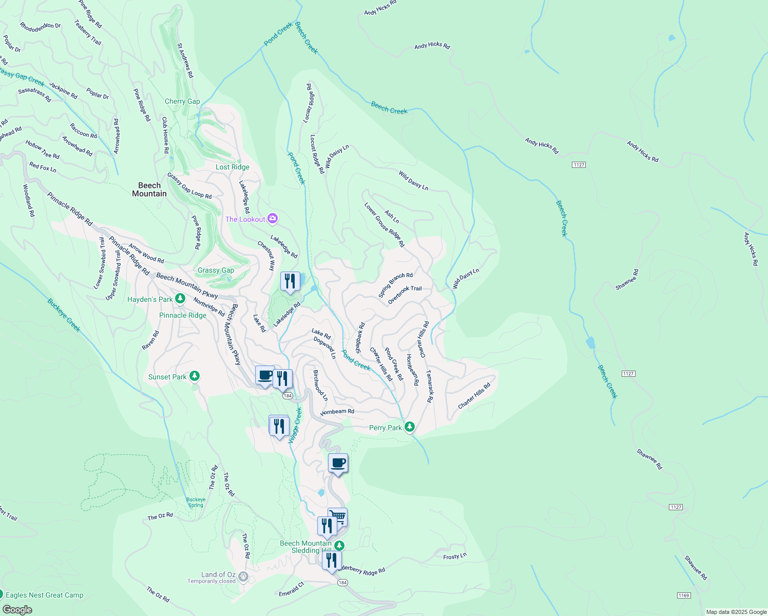 map of restaurants, bars, coffee shops, grocery stores, and more near 127 Overbrook Trail in Beech Mountain