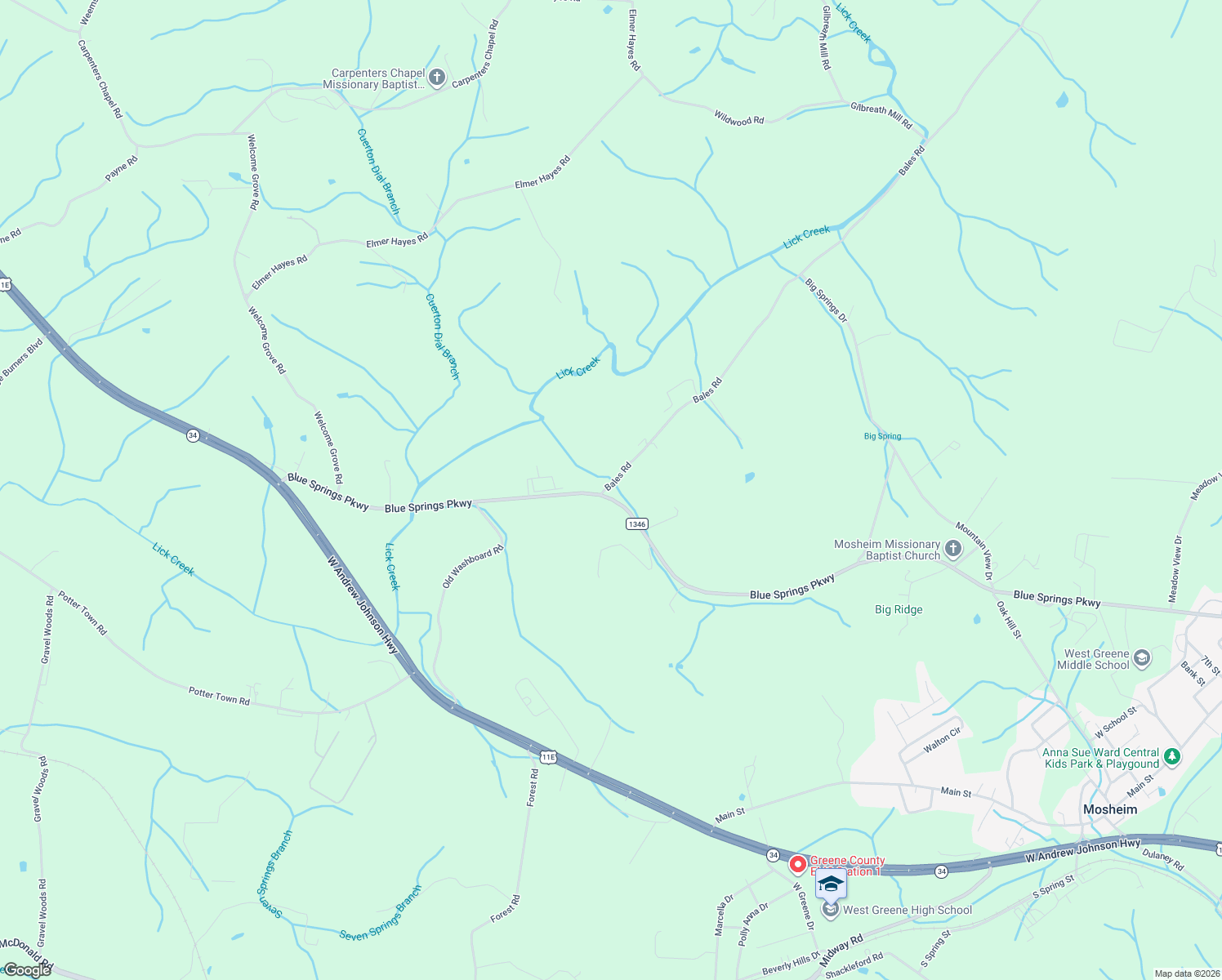 map of restaurants, bars, coffee shops, grocery stores, and more near 9405 Blue Springs Parkway in Mosheim