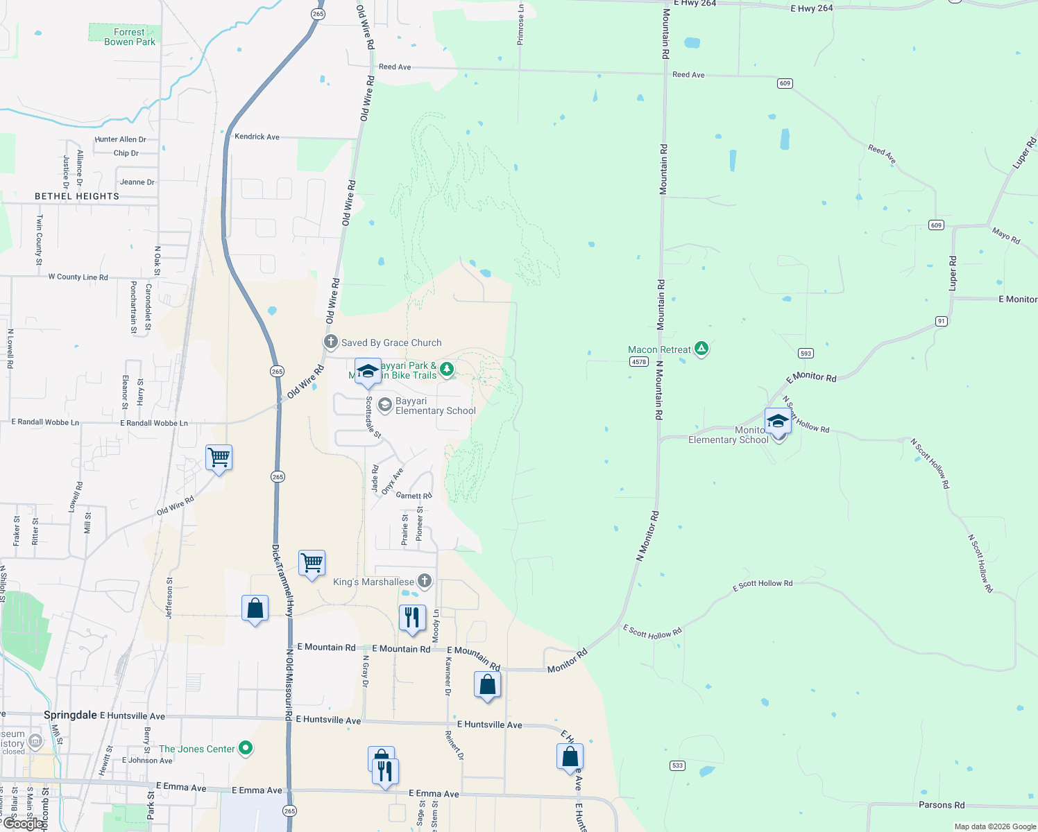 map of restaurants, bars, coffee shops, grocery stores, and more near 2101 Woodcliff Road in Springdale