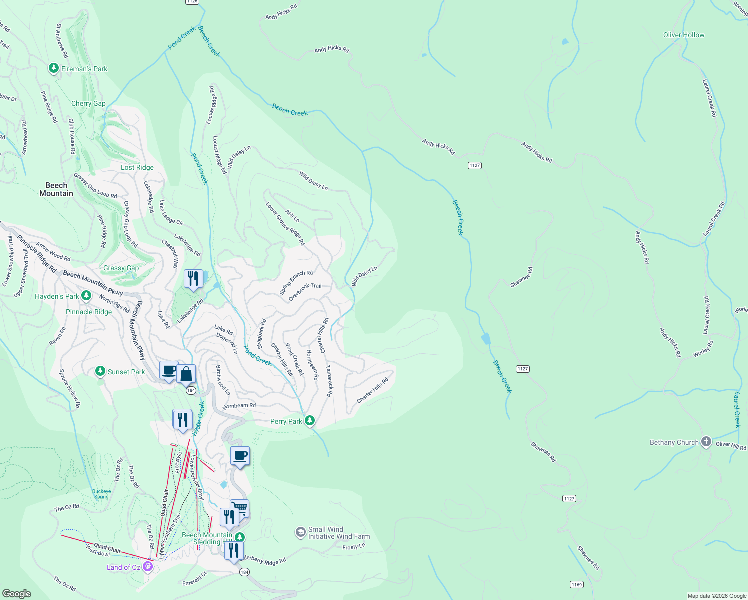 map of restaurants, bars, coffee shops, grocery stores, and more near 120 Wild Daisy Lane in Beech Mountain