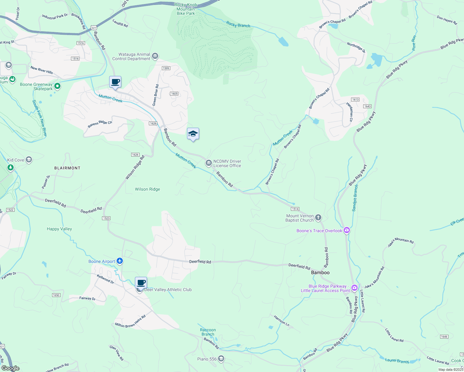 map of restaurants, bars, coffee shops, grocery stores, and more near 4268 Bamboo Road in Boone
