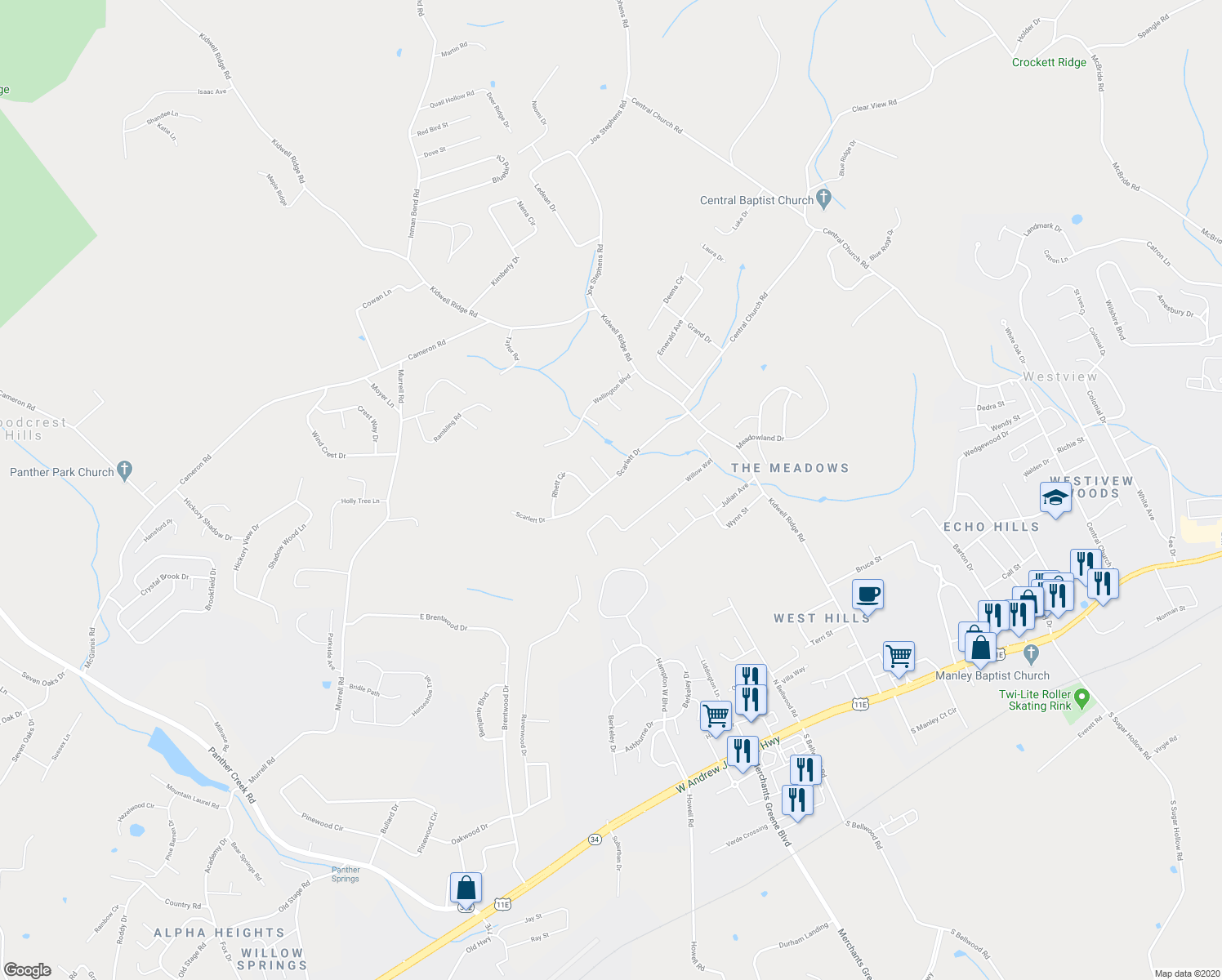 map of restaurants, bars, coffee shops, grocery stores, and more near 4087 Scarlett Drive in Morristown