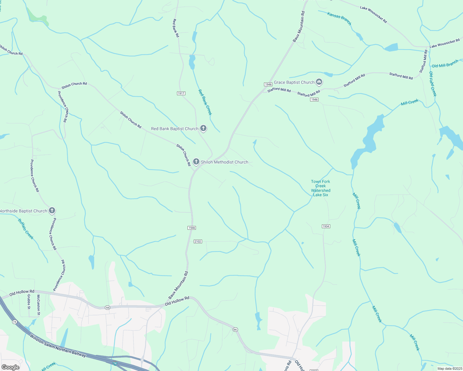 map of restaurants, bars, coffee shops, grocery stores, and more near Merlendale Lane in Winston-Salem