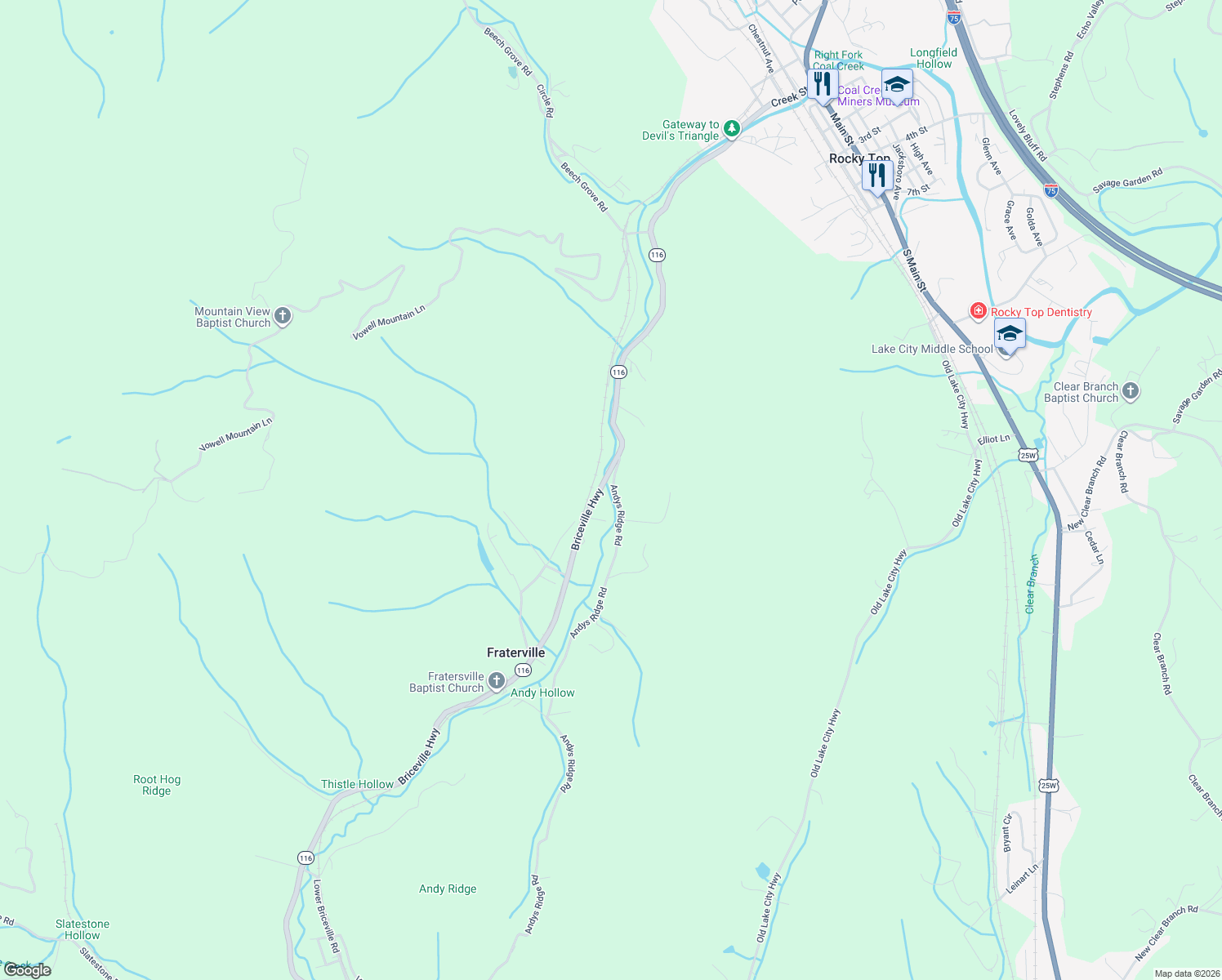 map of restaurants, bars, coffee shops, grocery stores, and more near 813 Andys Ridge Road in Rocky Top