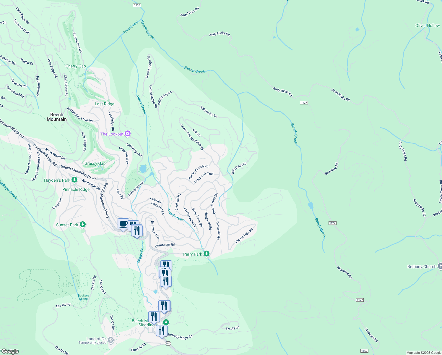 map of restaurants, bars, coffee shops, grocery stores, and more near 101 Overbrook Trail in Beech Mountain