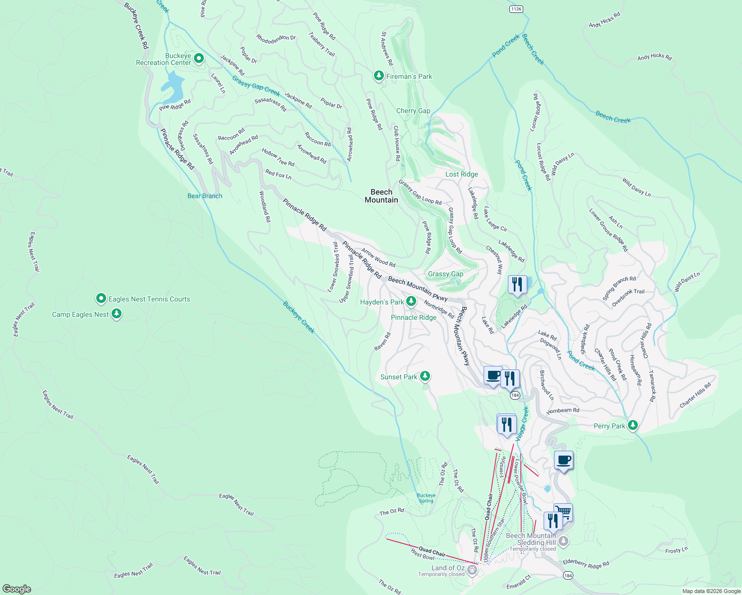 map of restaurants, bars, coffee shops, grocery stores, and more near 1406 South Beech Mountain Parkway in Beech Mountain