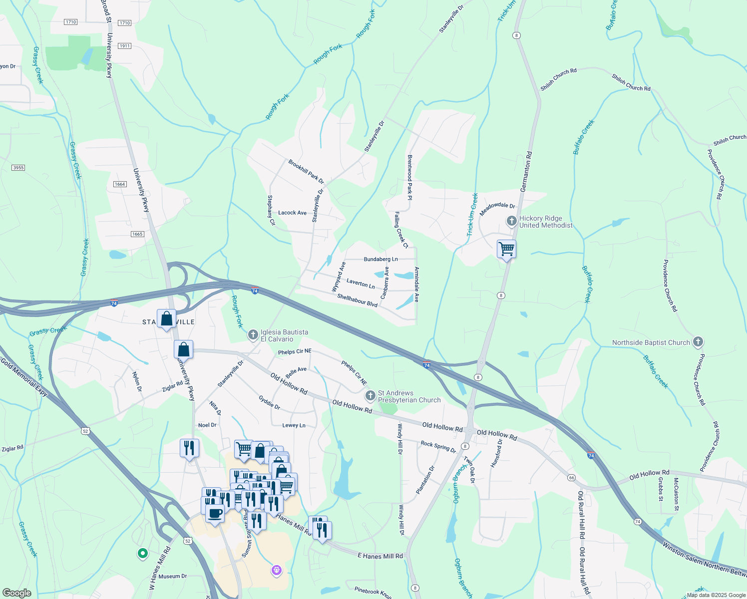 map of restaurants, bars, coffee shops, grocery stores, and more near 781 Shellhabour Boulevard in Rural Hall